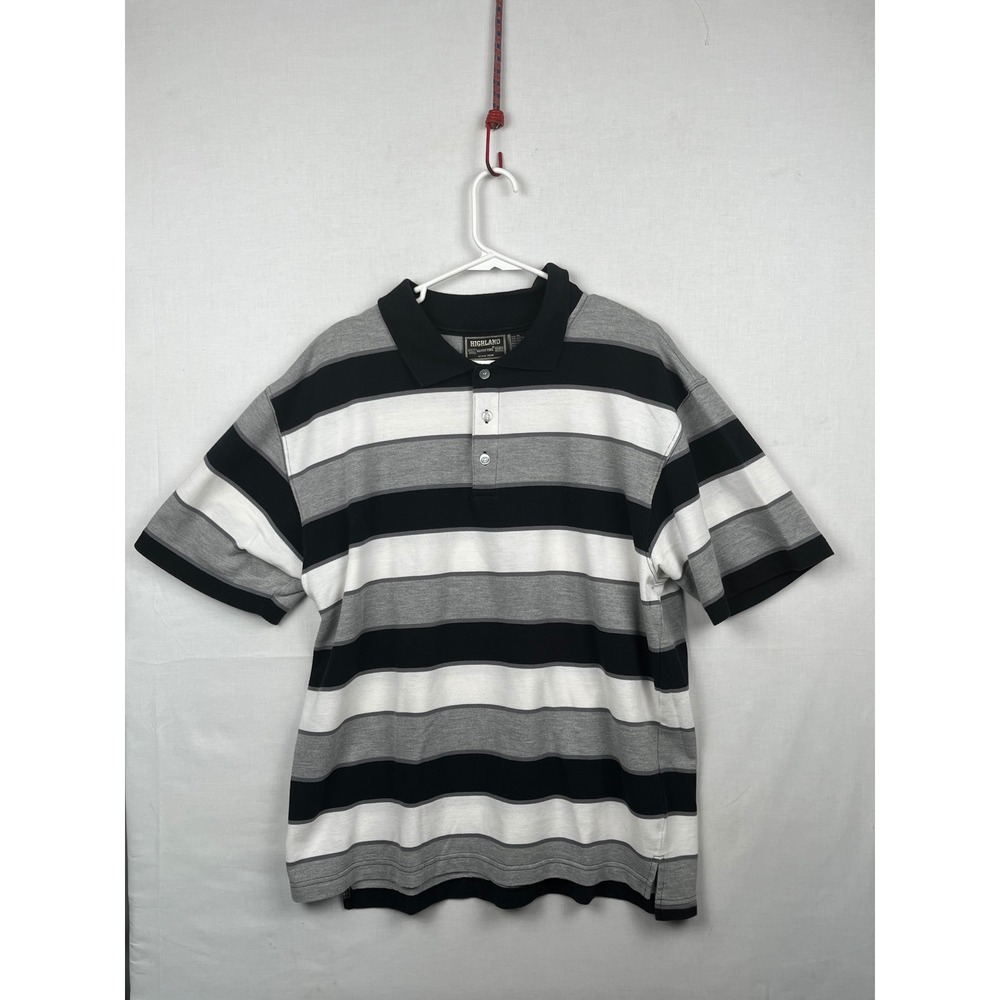 Highland Outfitters Polo Shirt Mens XL Striped Short Sleeve Black Grey White